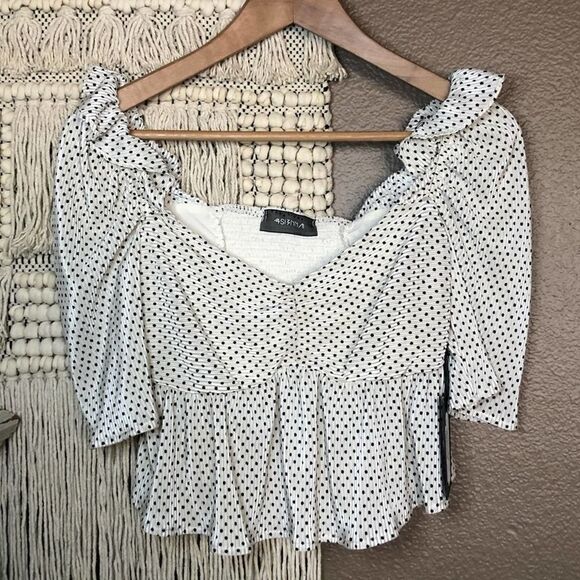 4Si3NNA Black & White Smocked Peplum polka dot top - Picture 1 of 7